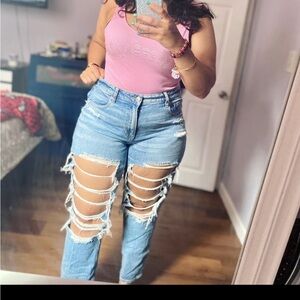 American Eagle Ripped Denim Mom Jeans.